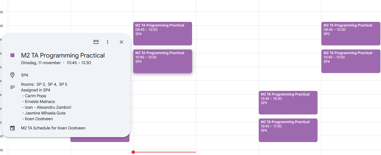 example of TA schedule in Google Calendar